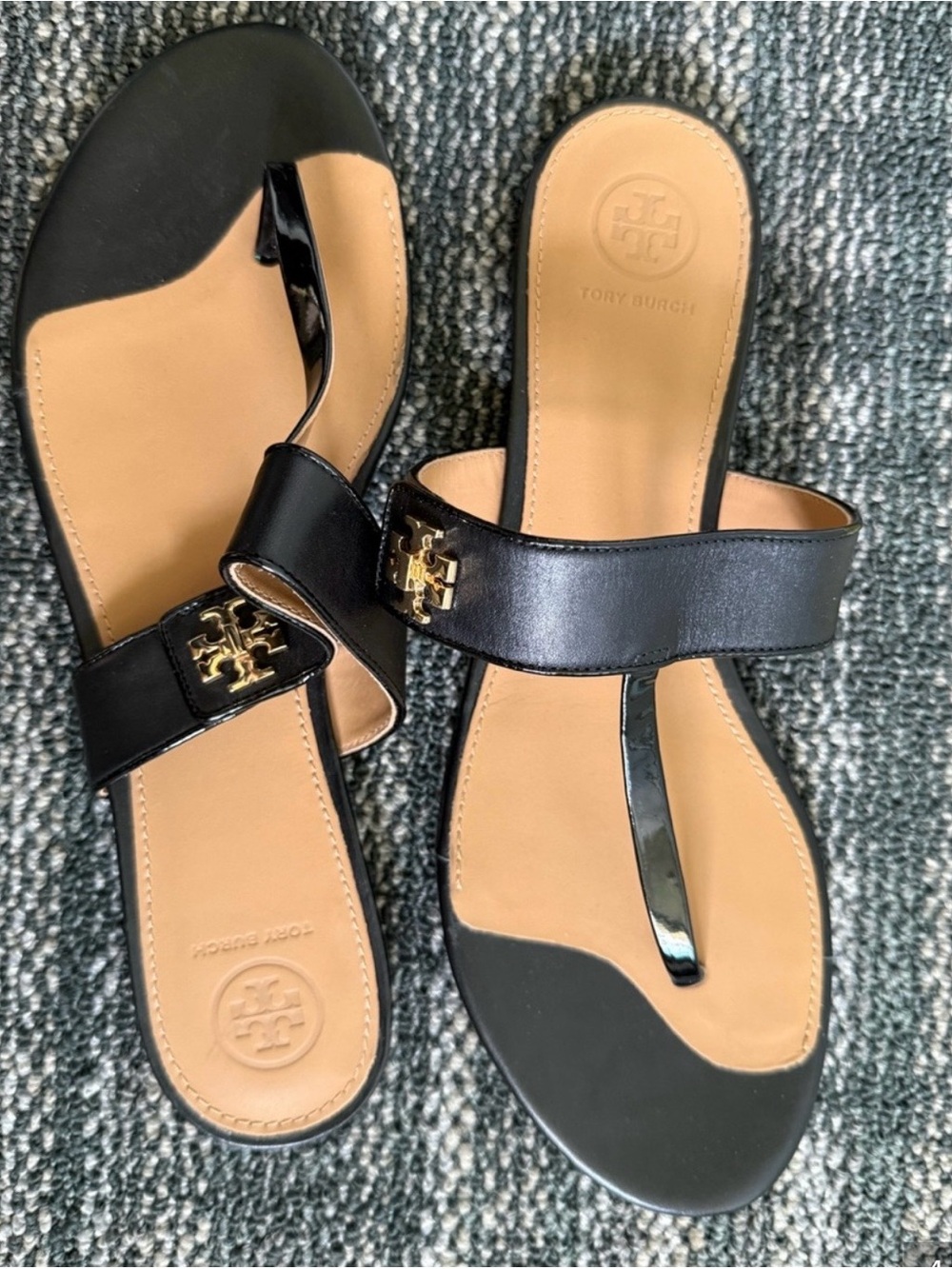 Tory Burch Black Leather Logo Thong Sandals with Tan Insole